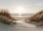A sandy path winding between marram-grassed dunes to a bright band of sea under a low, hazy sun