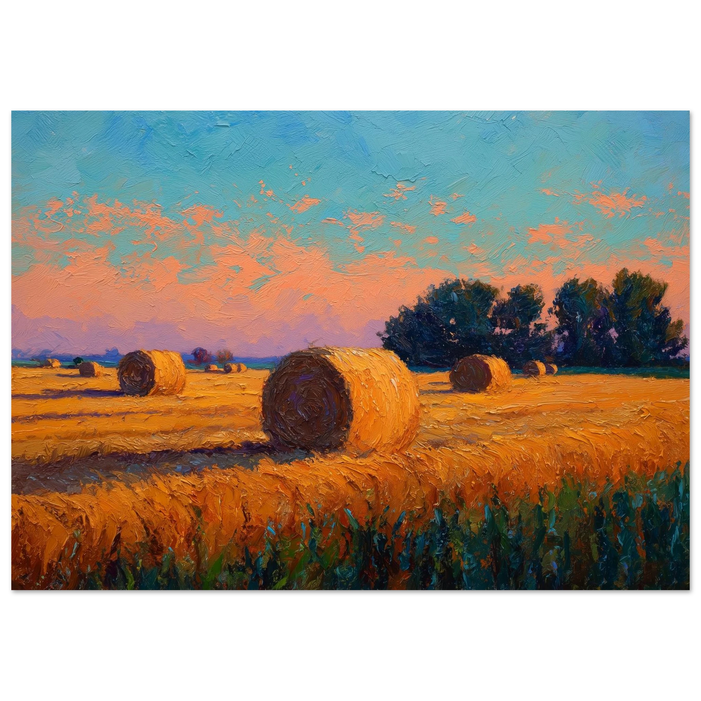 Round bales and stubble under a peach evening sky, print in a slim dark frame