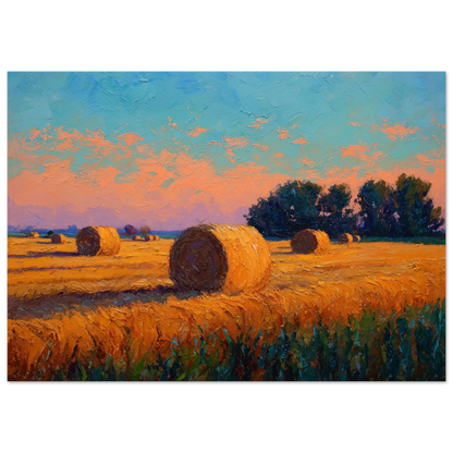 Round bales and stubble under a peach evening sky, print in a slim dark frame