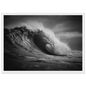Black and white ocean wave, framed in white with a wide mount