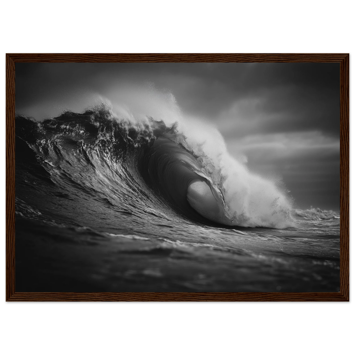Breaking wave in monochrome, framed in dark brown wood