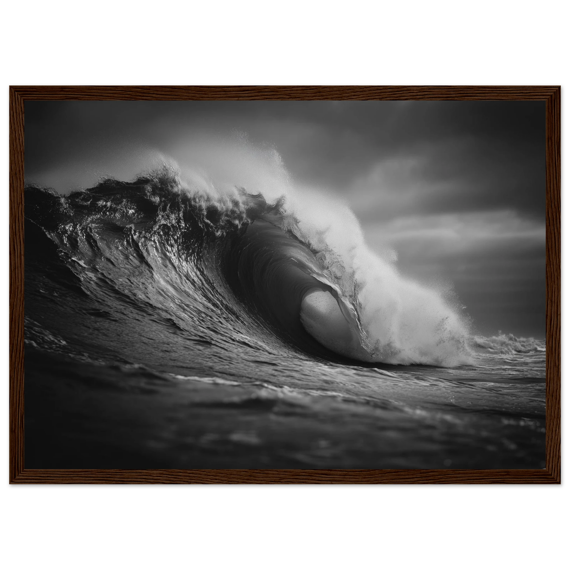 Breaking wave in monochrome, framed in dark brown wood