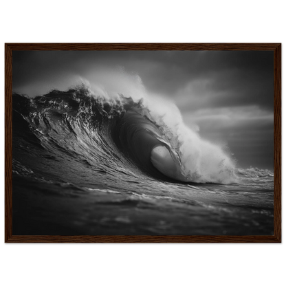 Breaking wave in monochrome, framed in dark brown wood