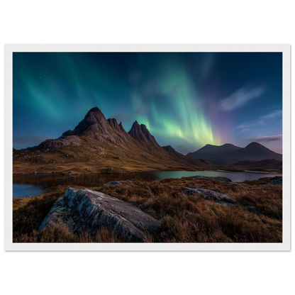 Scottish aurora over a mountain loch, in a white frame with a wide mount