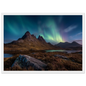 Scottish aurora over a mountain loch, in a white frame with a wide mount