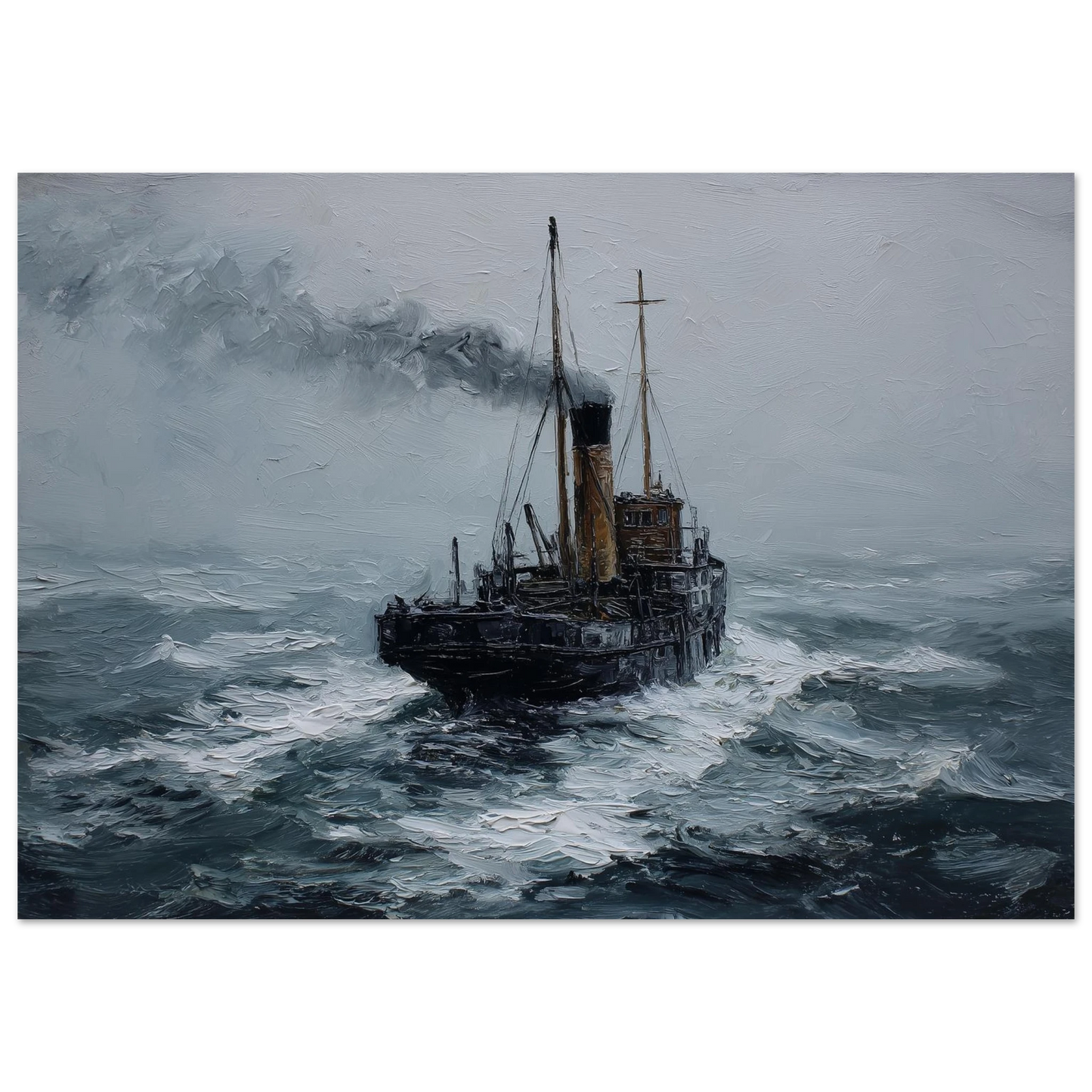 Oil painting of a Clyde puffer punching through heavy grey swell in driving rain, smoke flattened by the wind, print in a slim dark frame