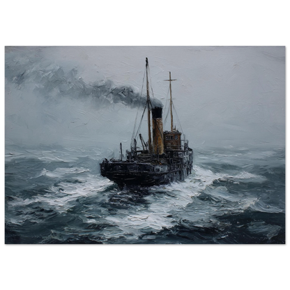 Oil painting of a Clyde puffer punching through heavy grey swell in driving rain, smoke flattened by the wind, print in a slim dark frame