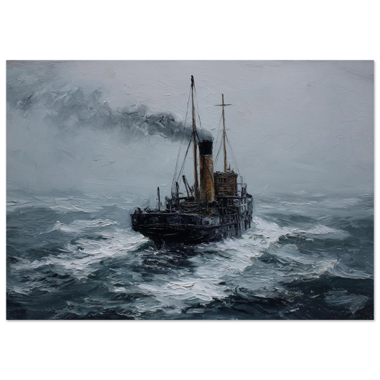 Oil painting of a Clyde puffer punching through heavy grey swell in driving rain, smoke flattened by the wind, print in a slim dark frame