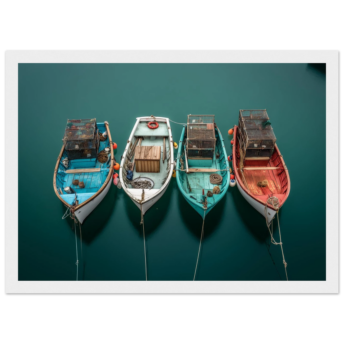 Overhead view of four boats on teal water, framed in white with a wide mount