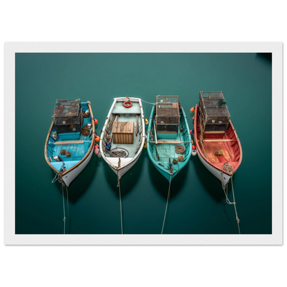Overhead view of four boats on teal water, framed in white with a wide mount