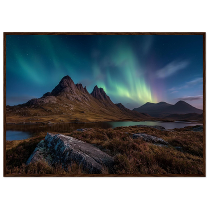 Scottish aurora night scene, framed in warm dark brown wood