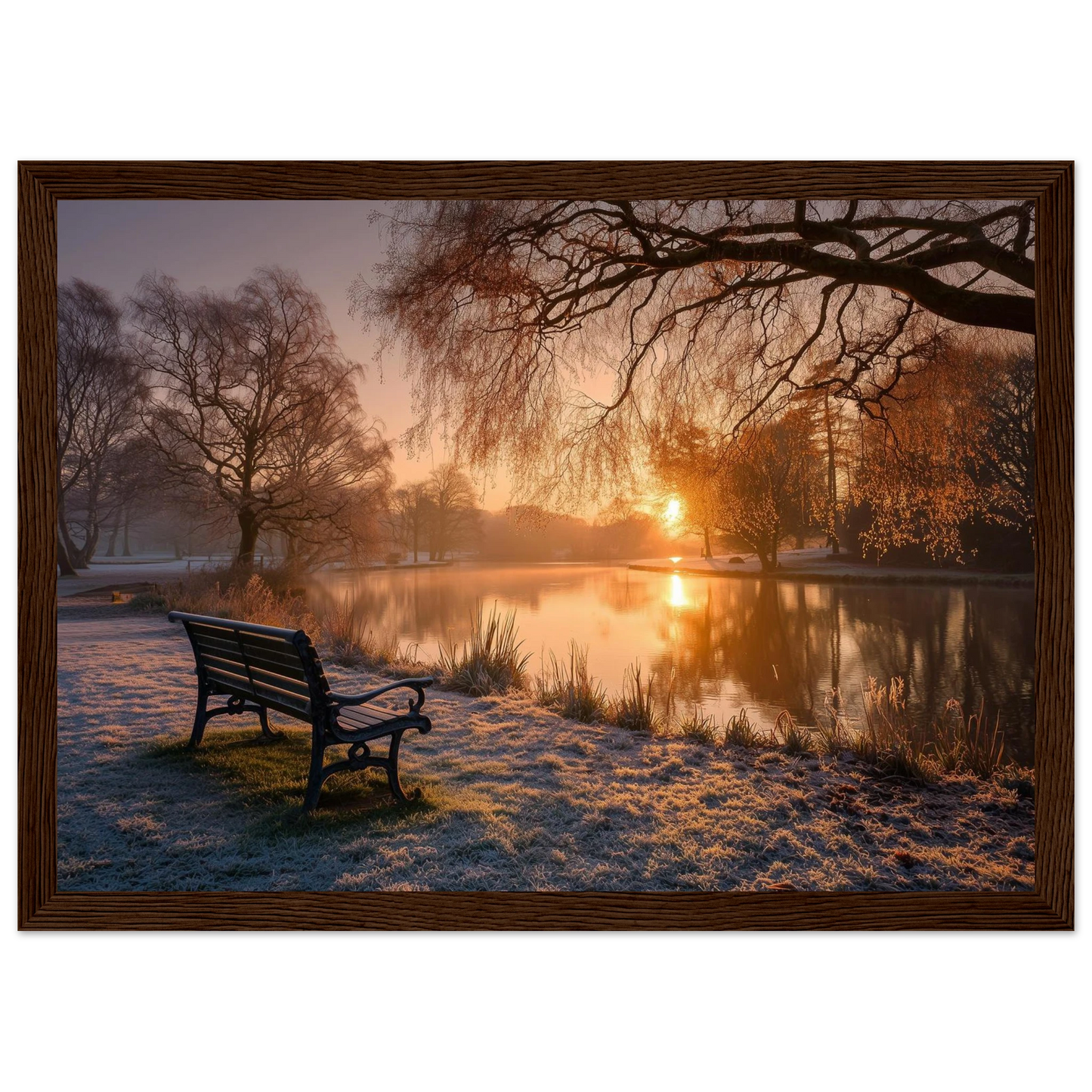 Frosted park lake at winter sunrise with an empty bench on the bank, print in a dark brown wood frame