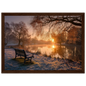 Frosted park lake at winter sunrise with an empty bench on the bank, print in a dark brown wood frame