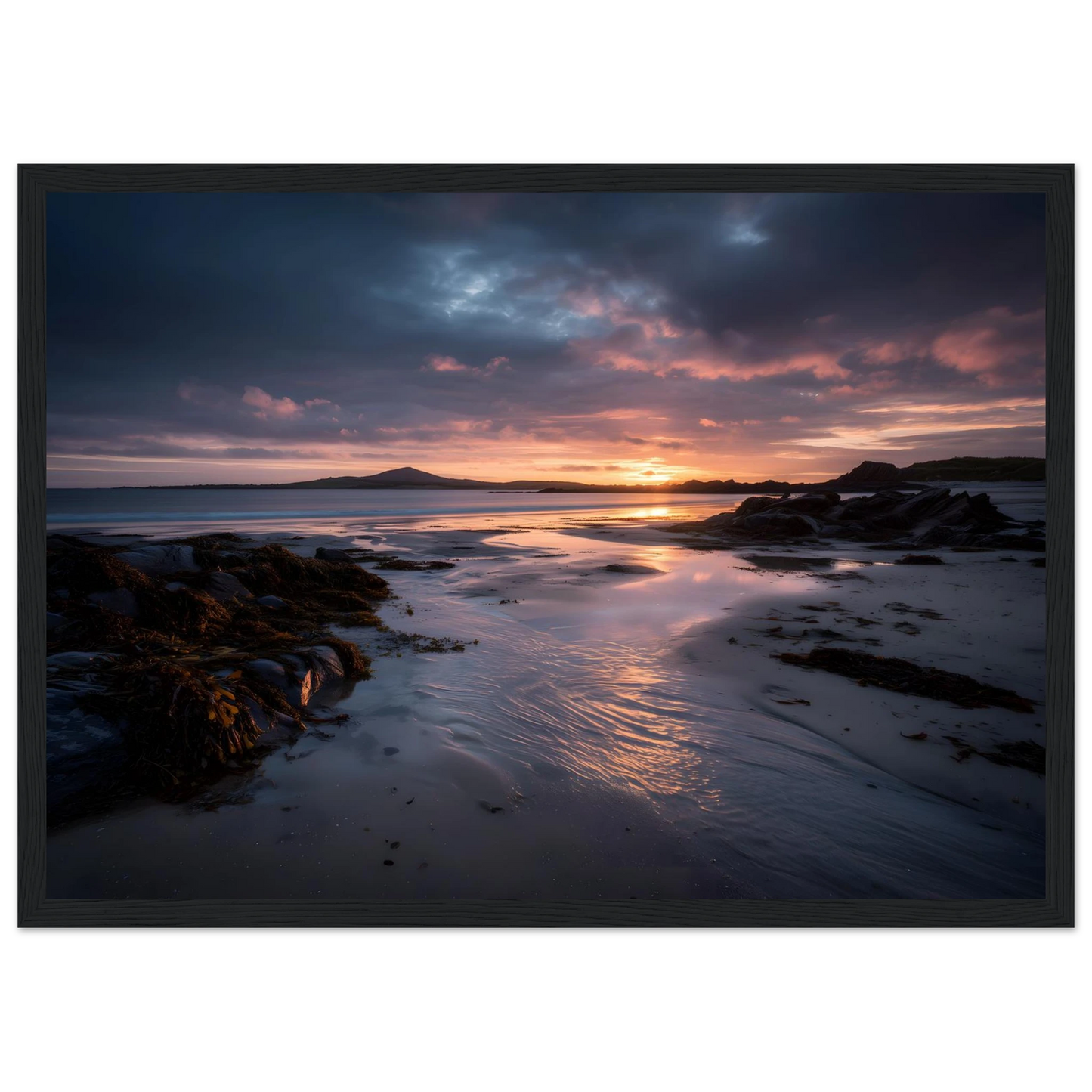 Moody violet sunset over wet sand, framed coastal wall art