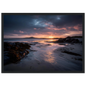 Moody violet sunset over wet sand, framed coastal wall art
