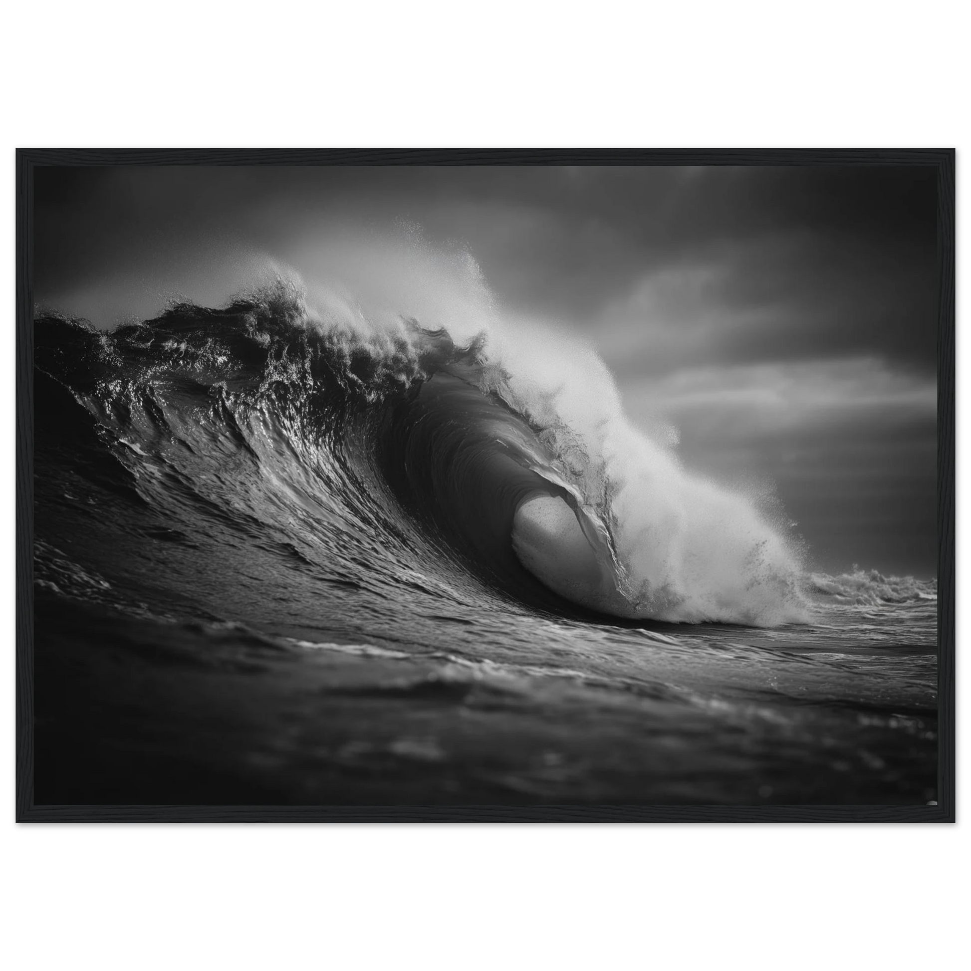 Ocean wave curling over in black and white, print in a dark frame