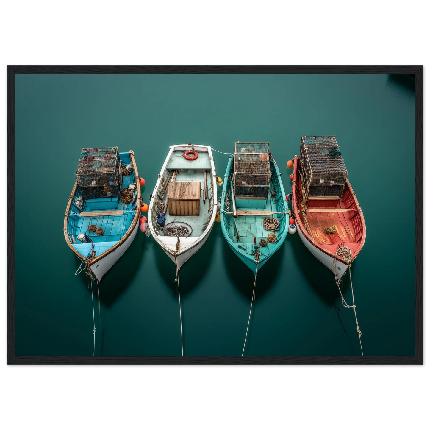 Boats at their moorings with trailing lines, print in a dark grey frame