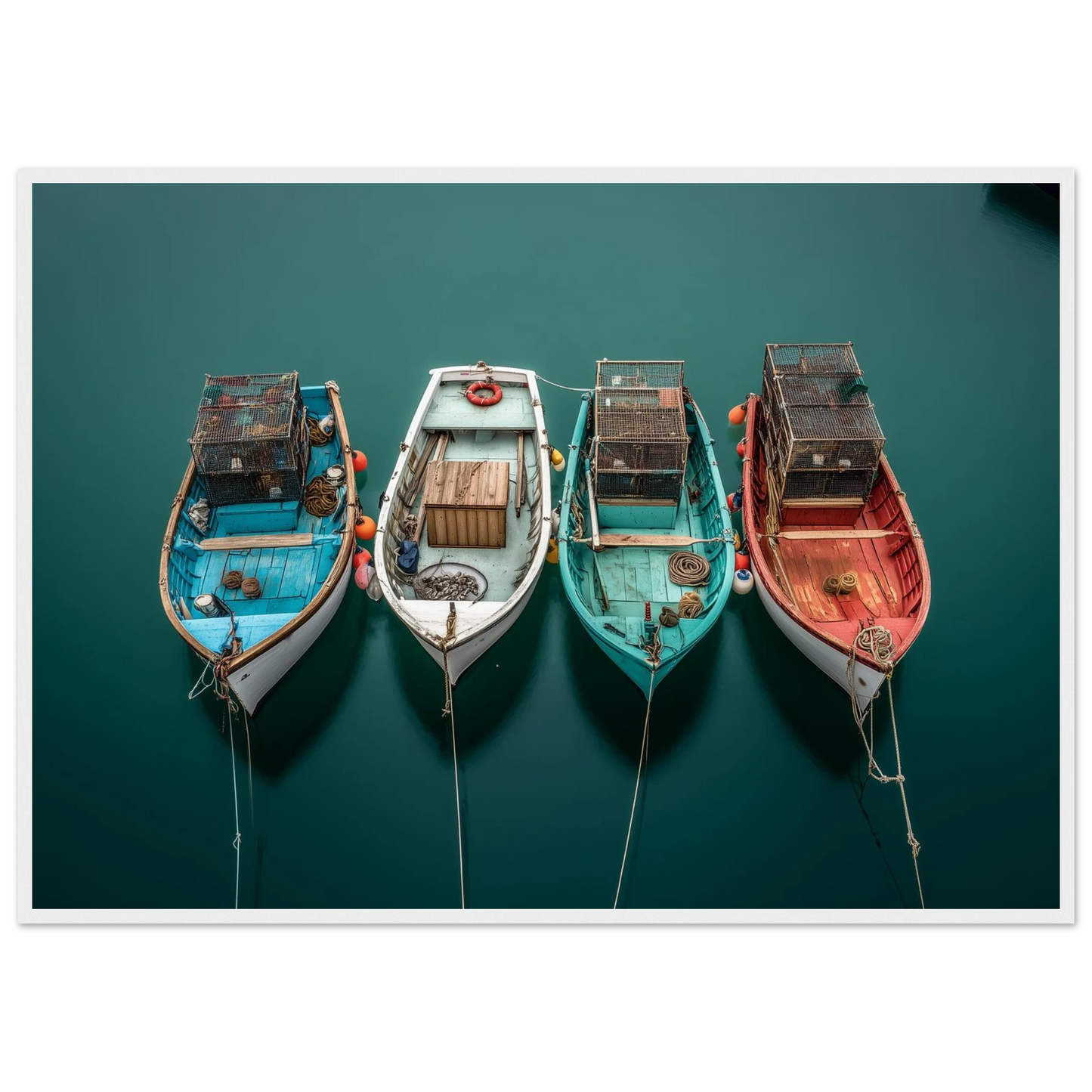 Four fishing boats seen from directly overhead, framed in white with a wide mount