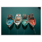 Four fishing boats seen from directly overhead, framed in white with a wide mount