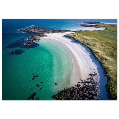 Aerial view of a Scottish island beach and dark gneiss rocks, print in a dark grey frame