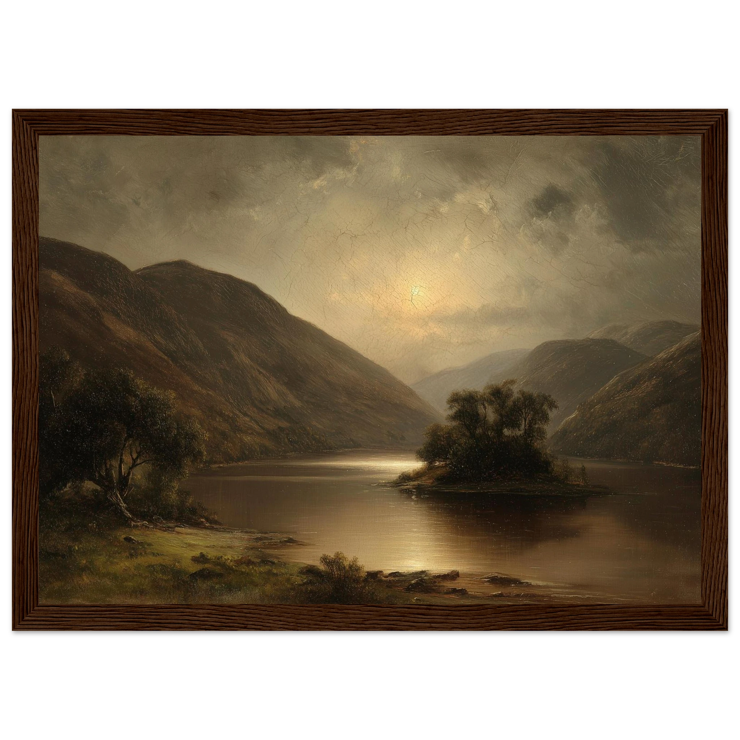 Moonlit Scottish glen and loch in a deep mahogany wood frame