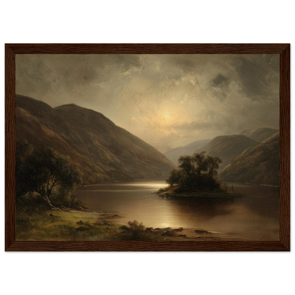 Moonlit Scottish glen and loch in a deep mahogany wood frame