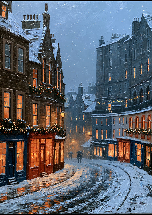 A curving cobbled street in Edinburgh's Old Town on a snowy winter evening, painted shopfronts glowing amber under tall stone tenements
