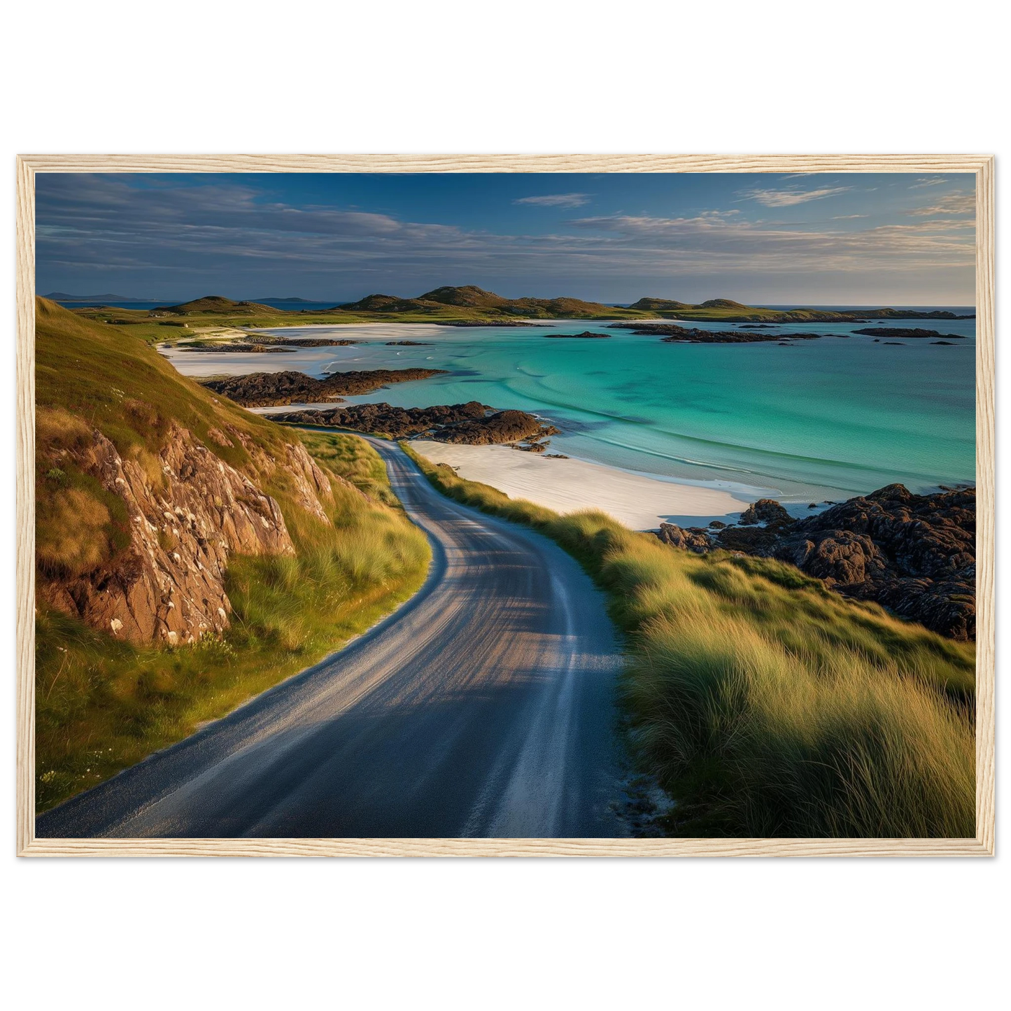 Empty Hebridean road curving toward a headland, framed in dark grey