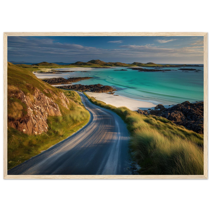 Empty Hebridean road curving toward a headland, framed in dark grey