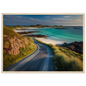 Empty Hebridean road curving toward a headland, framed in dark grey