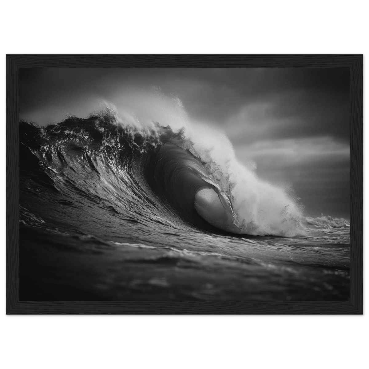 Ocean wave barrel in monochrome, framed in charcoal