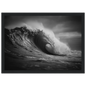 Ocean wave barrel in monochrome, framed in charcoal