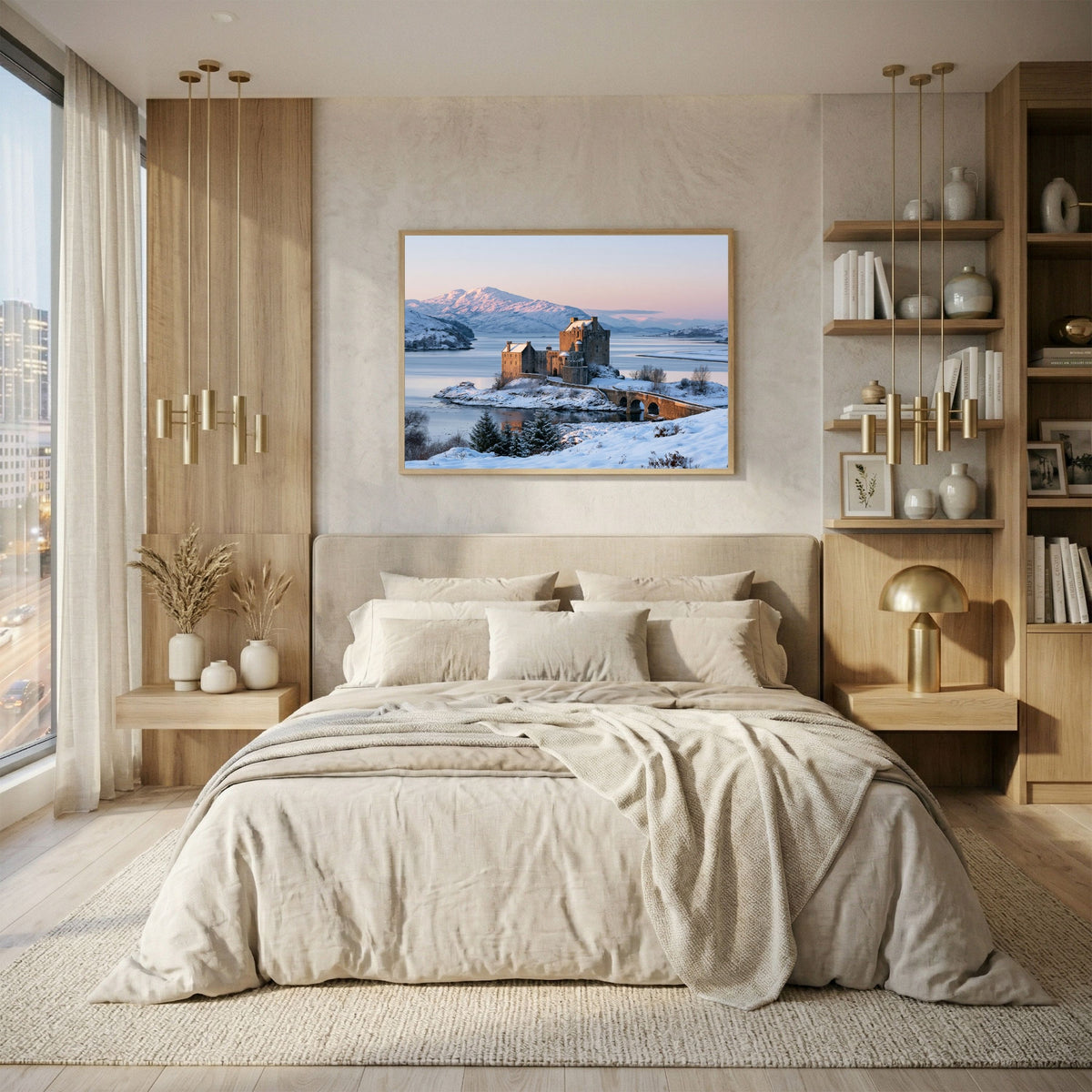 Eilean Donan Castle at Winter Dawn, in a natural wood frame above a bed with cream linen bedding in a warm bedroom with brass pendant lights and wooden shelves