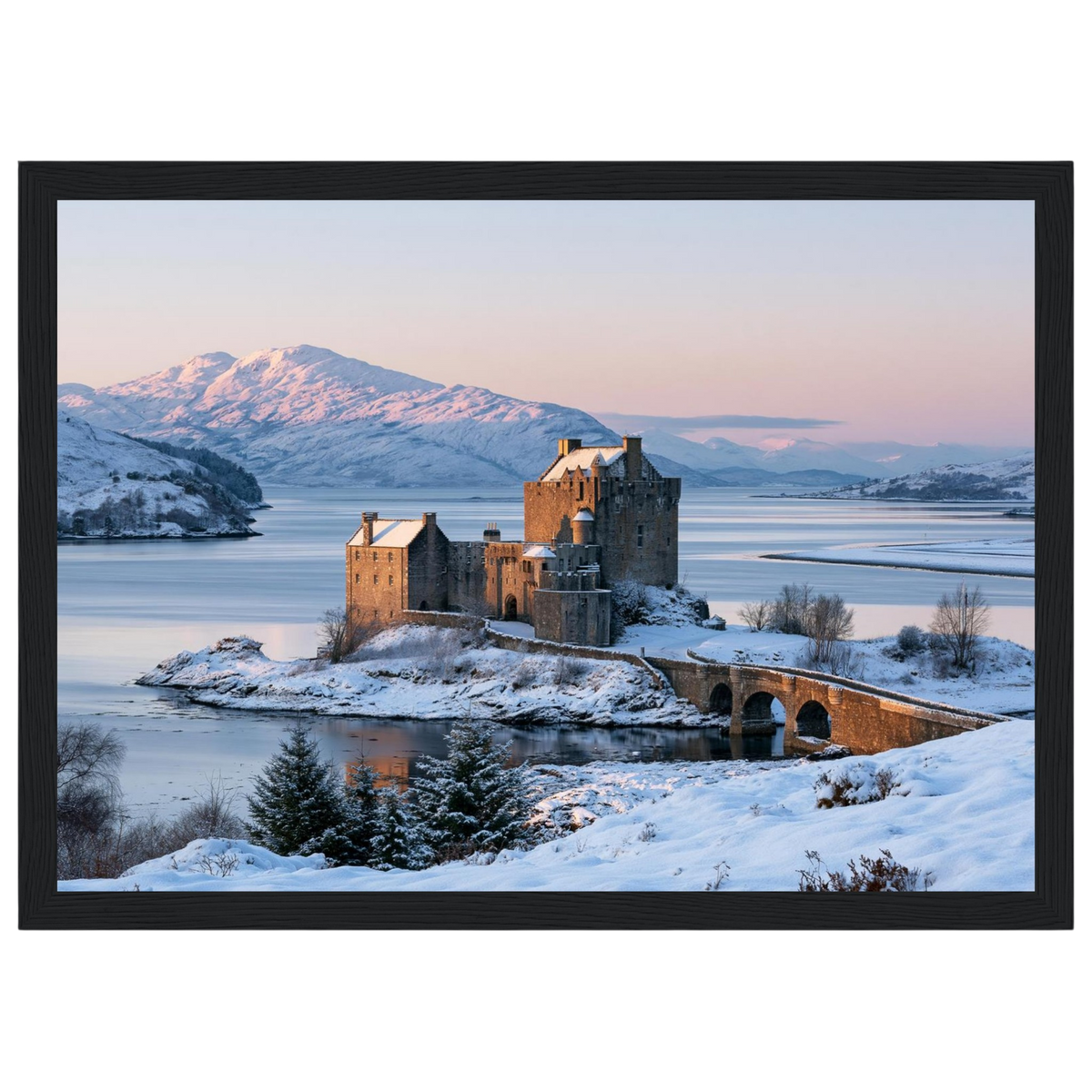 Eilean Donan Castle at Winter Dawn, print in a black frame