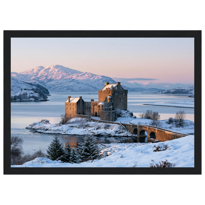 Eilean Donan Castle at Winter Dawn, print in a black frame