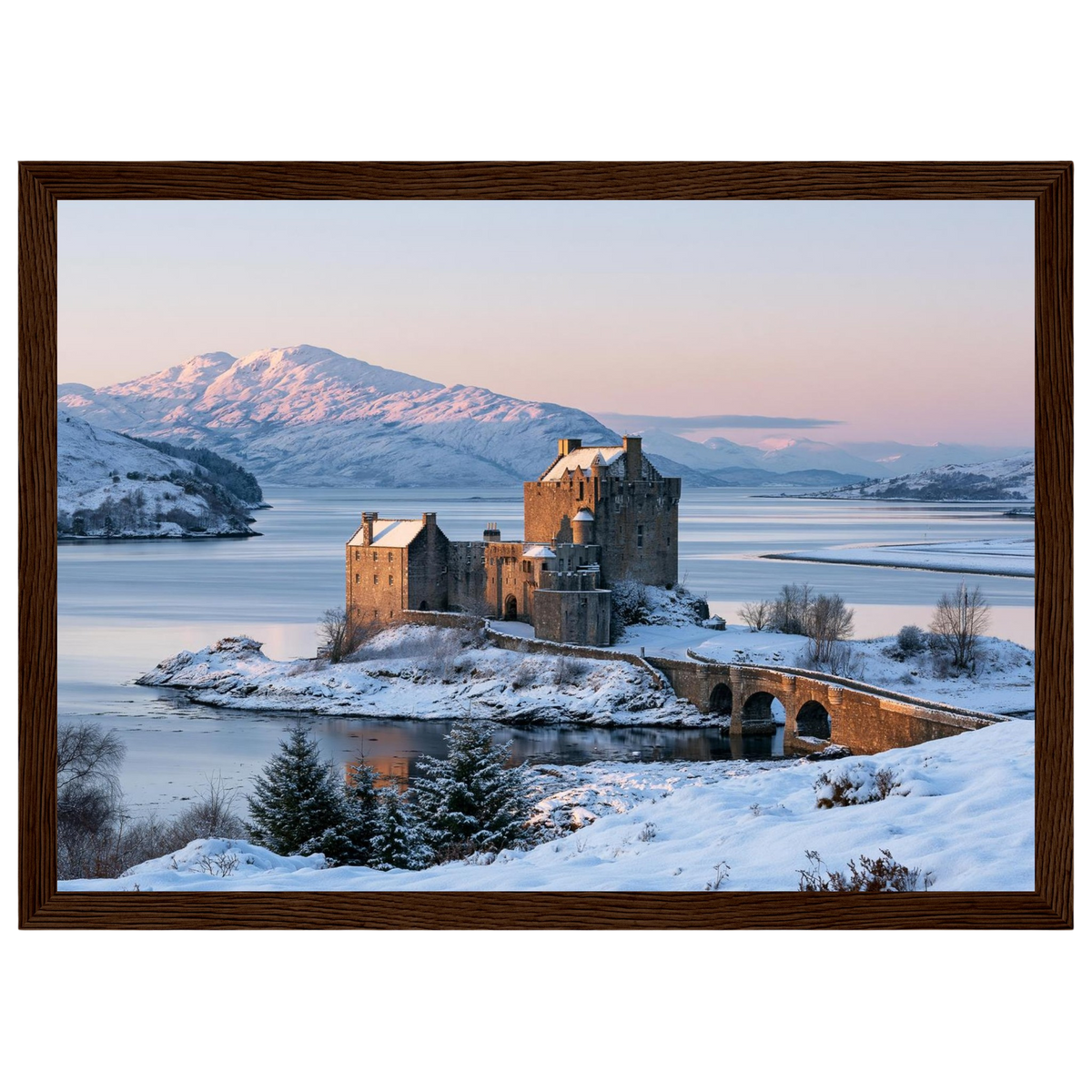 Eilean Donan Castle at Winter Dawn, print in a dark wood frame