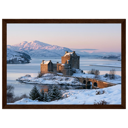 Eilean Donan Castle at Winter Dawn, print in a dark wood frame
