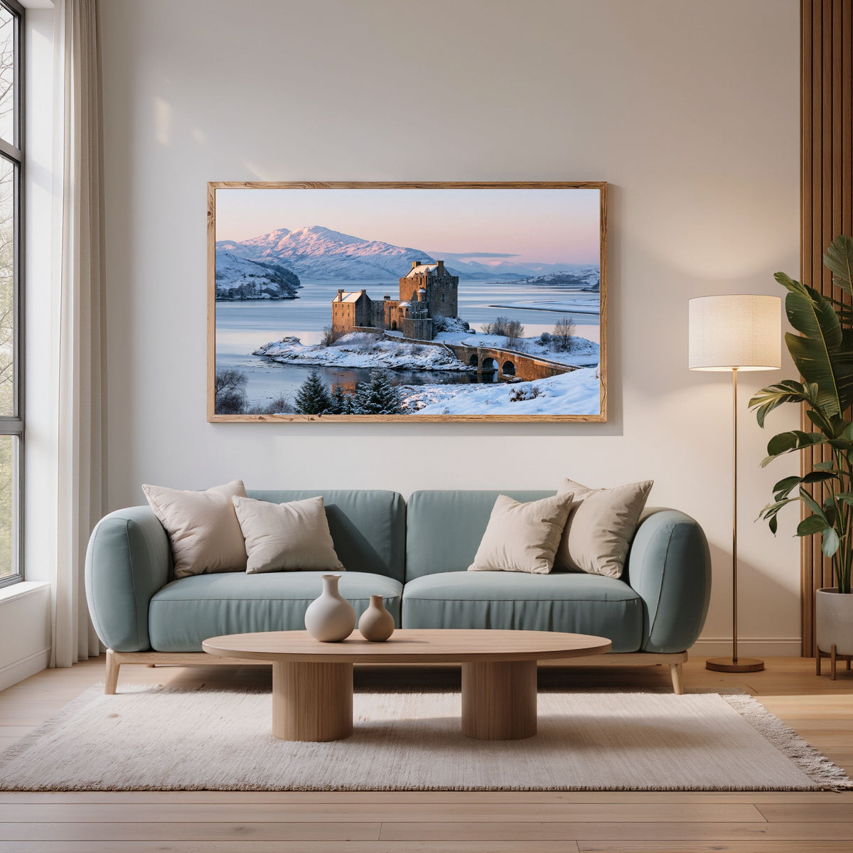 Eilean Donan Castle at Winter Dawn, in a natural wood frame above a sage green sofa in a bright living room with a floor lamp and a round wooden coffee table
