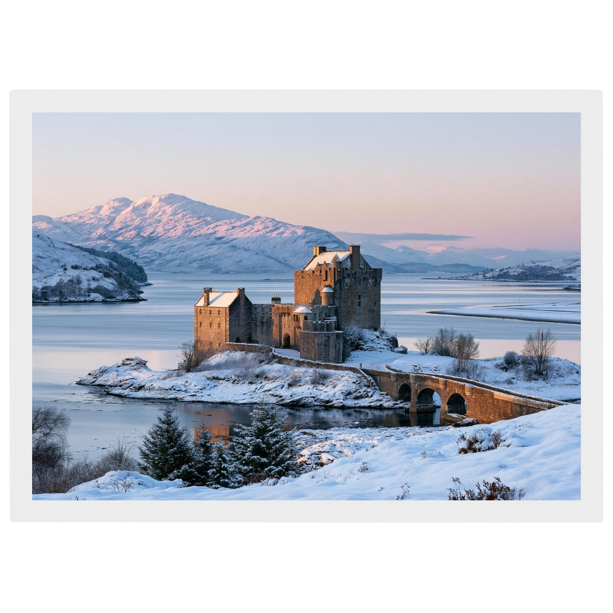 Eilean Donan Castle at Winter Dawn, print in a white frame