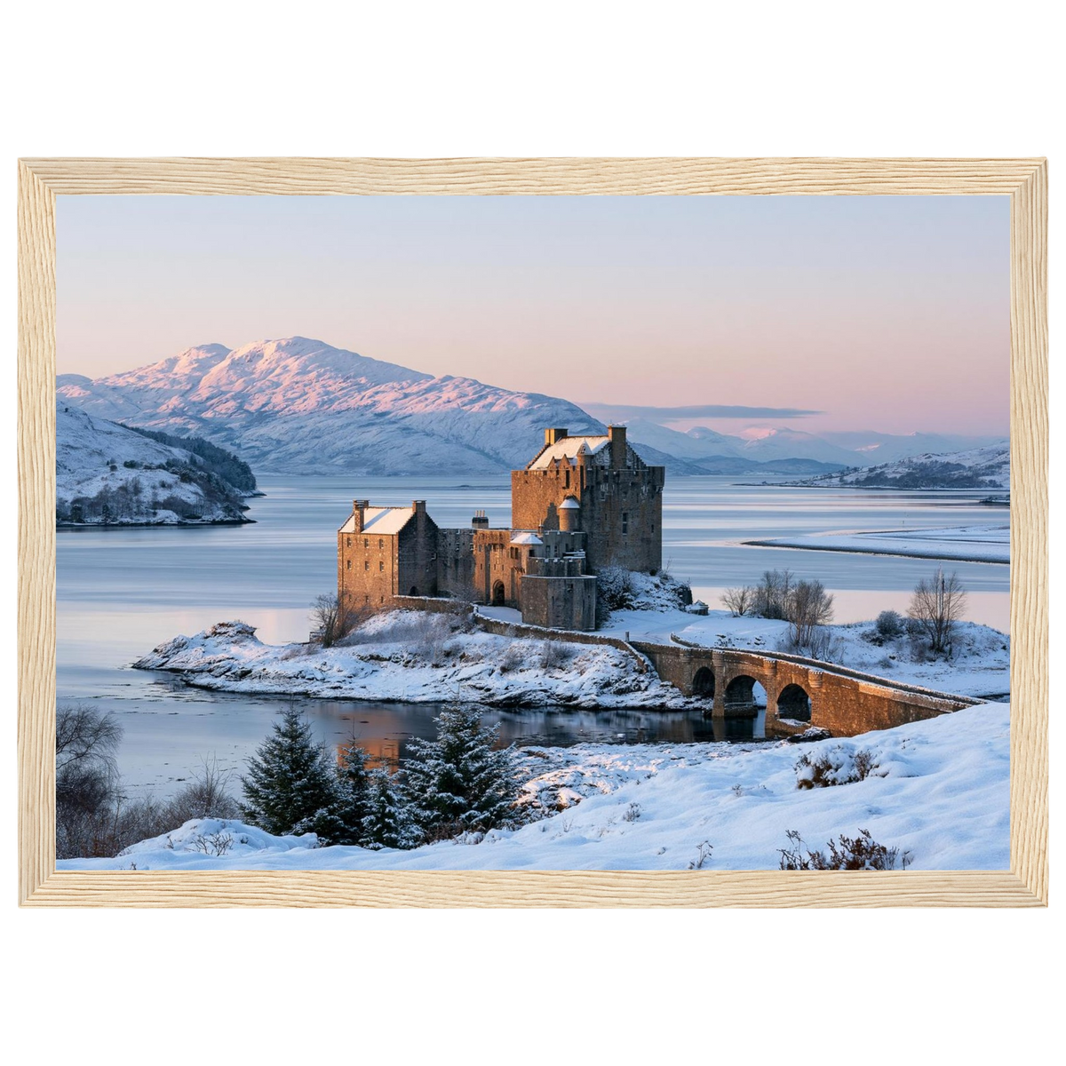 Eilean Donan Castle at Winter Dawn, print in a natural wood frame