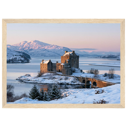 Eilean Donan Castle at Winter Dawn, print in a natural wood frame