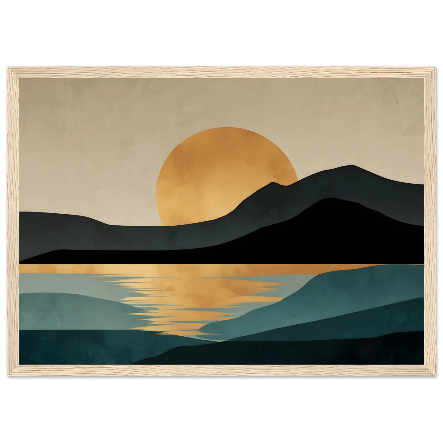 Gold sun over still water landscape poster in a light oak frame