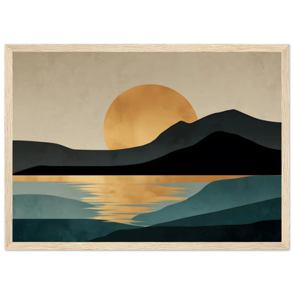 Gold sun over still water landscape poster in a light oak frame
