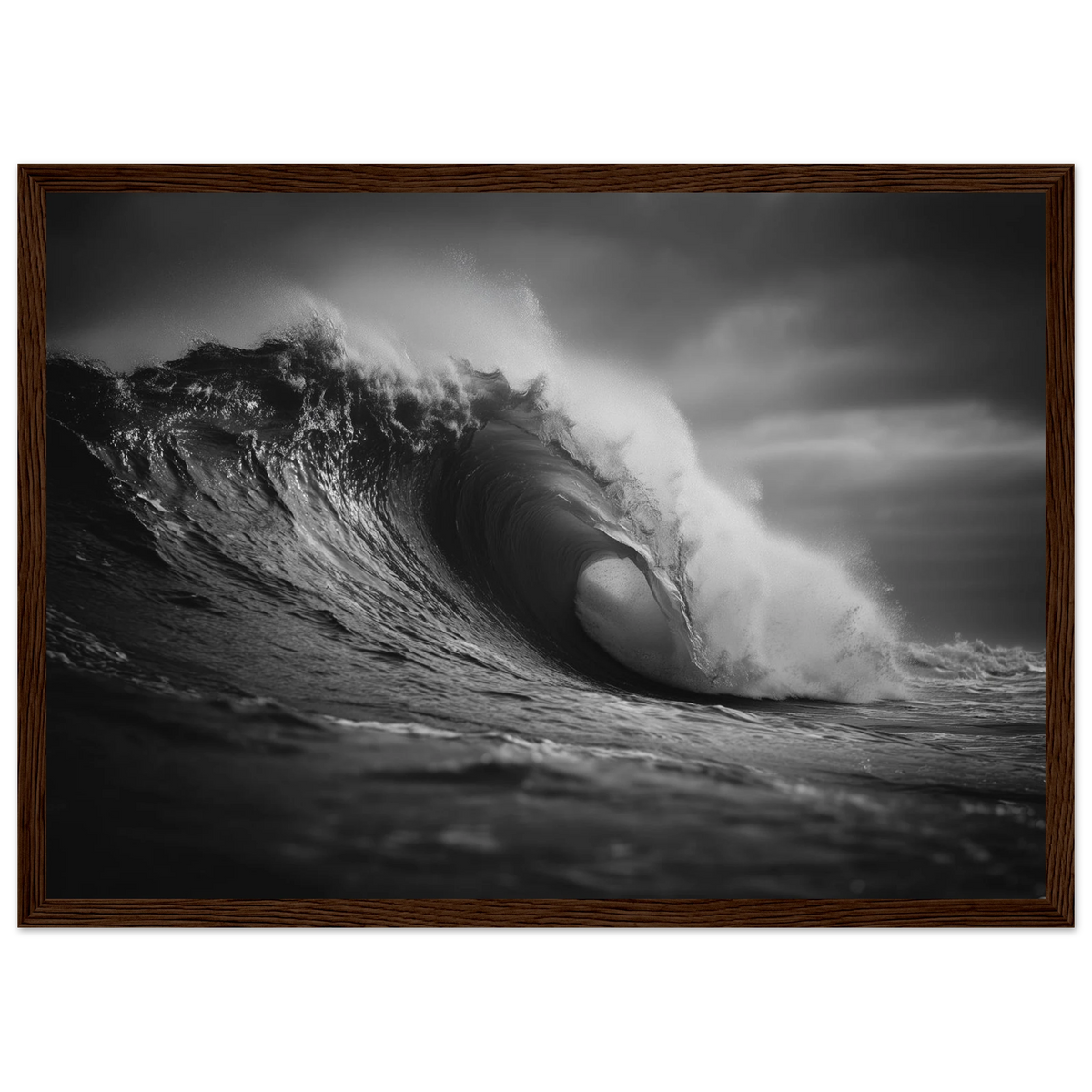 Breaking wave in monochrome, framed in rich dark wood