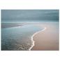 A thin sheet of water sliding back over pale wet sand under a grey sky, minimalist beach scene, print in a slim dark frame