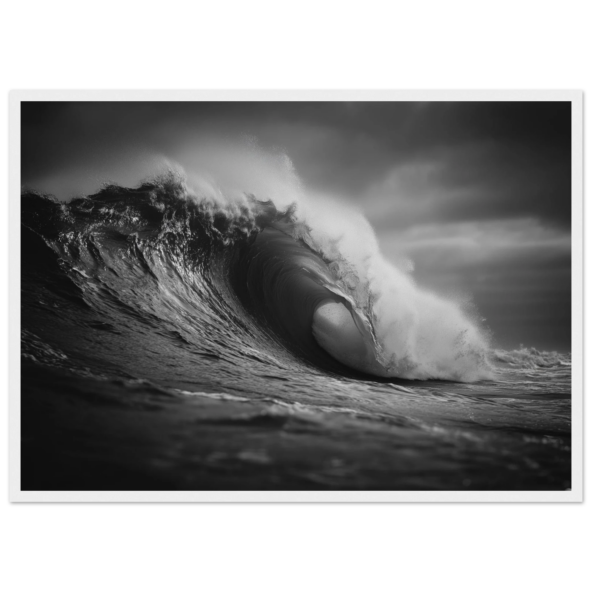 Black and white ocean wave, framed in white with a wide mount