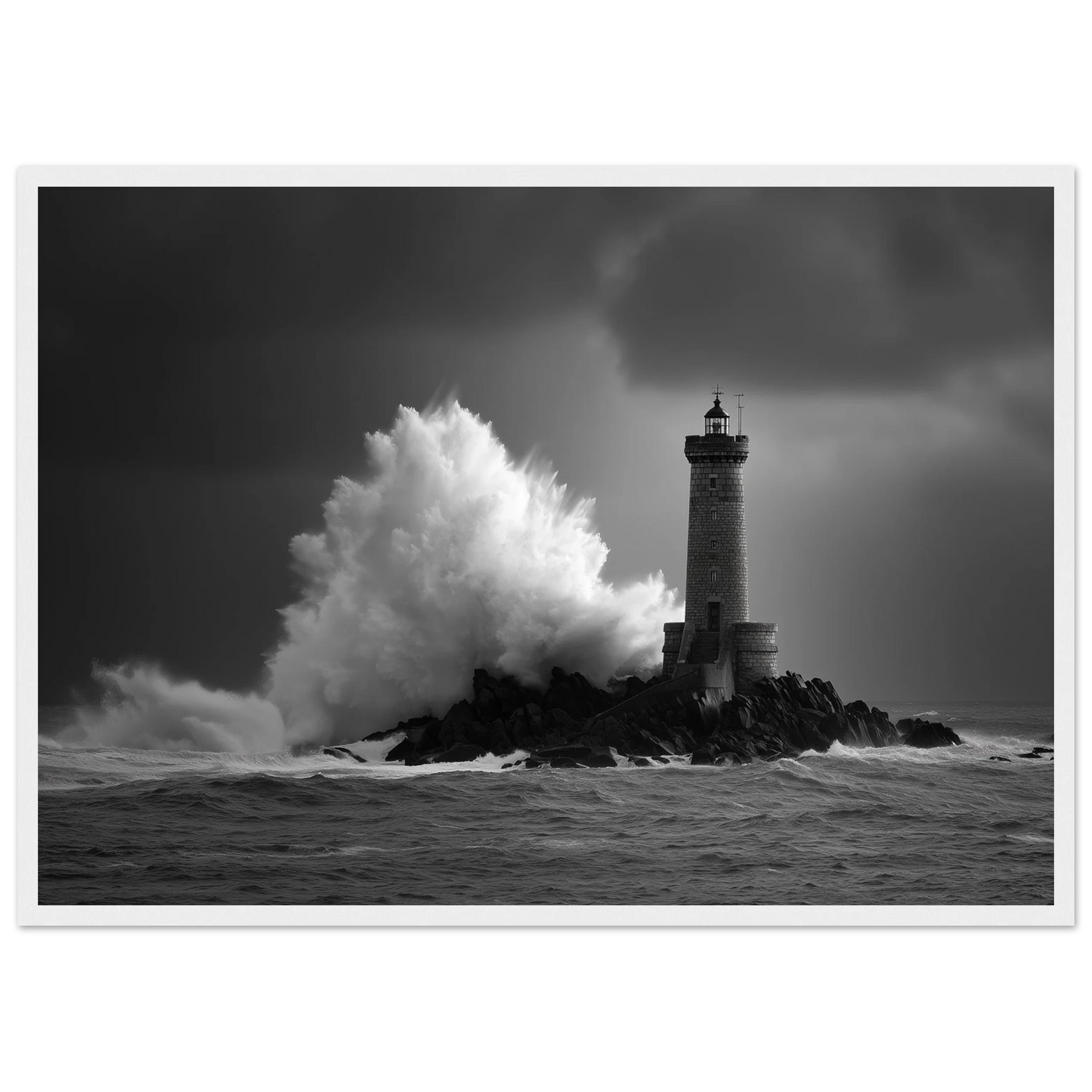 Lighthouse in a storm, black and white print in a white frame with a wide mount