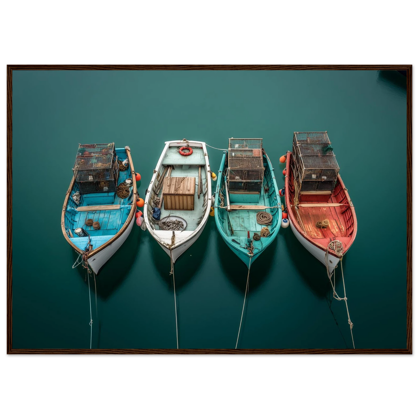 Fishing boats and mooring lines seen from the air, print in a dark grey frame