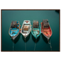 Fishing boats and mooring lines seen from the air, print in a dark grey frame