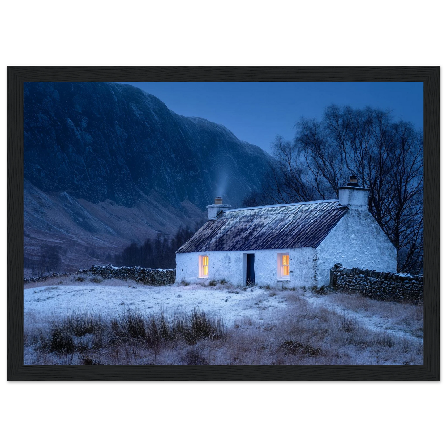 Lit croft against a dark mountain at dusk, framed in black